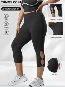 Women's Plus Size High Waist Compression Elastic Knit Seven-Quarter Pants, Side Hollow Out Design, Casual Fashion Tight Fit, Comfortable Daily Wear, Stretchy High Waist, Yoga Pants Activewear