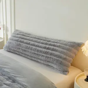 Soft Fluffy Faux Rabbit Fur Body Pillow Cover 20x54, Plush Furry Wide Striped Pillowcase with Zipper, Decorative Fuzzy Shaggy Ribbed Long Pillow Cover for Bedroom Bed Sofa Couch, Grey