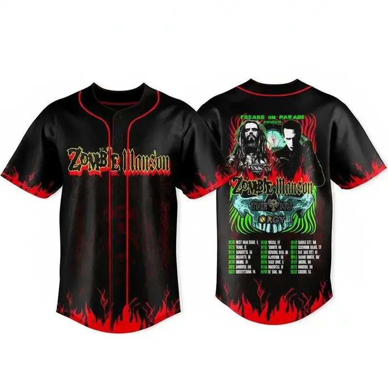 2026 Zombie x Manson Freaks On Parade Tour Baseball Jersey Gift For Fans, Vintage Concert Style Button-Down Jersey, Graphic Bird's Eye Mesh Sports Shirt, Festival Outfit, Lightweight Unisex Fan Apparel Gift
