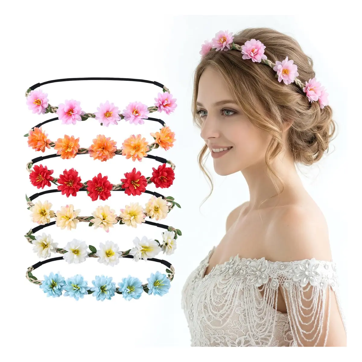 6 PCS Flower Crown Headbands – Boho Floral Headpiece for Women & Girls