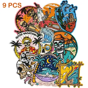 Beach Scene Iron-On Skeleton Patches 9PCS Iron on Embroidered Patches Embroidery Fabric Applique for Decoration on Bags, Hats, Clothes etc.