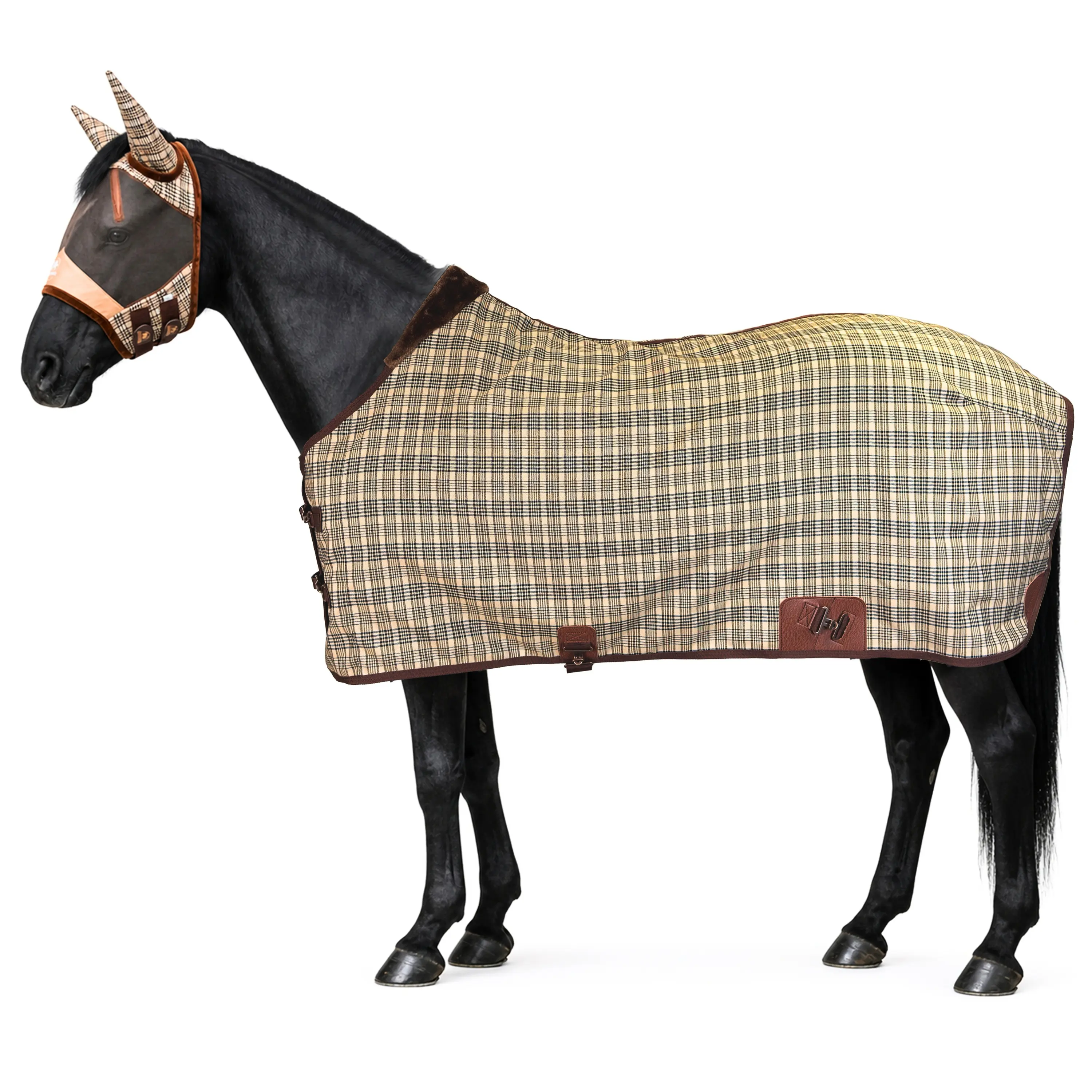 BARN & STABLE 2-Piece Plaid Horse Sheet & Matching Fly Mask Set, Yarn-Dyed Cotton Blend Stable Blanket with Plush Collar, Reinforced Chest Closures, 69–81 in