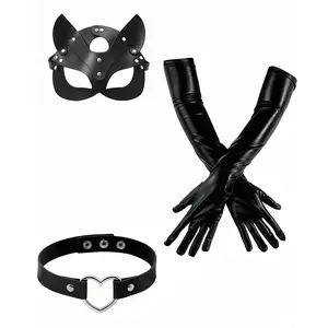 3pcs Punk Performance Costume Set, Black with Eye Mask, Heart-Shaped Collar, and 21.65inch Glossy Gloves, Party and Masquerade Outfit