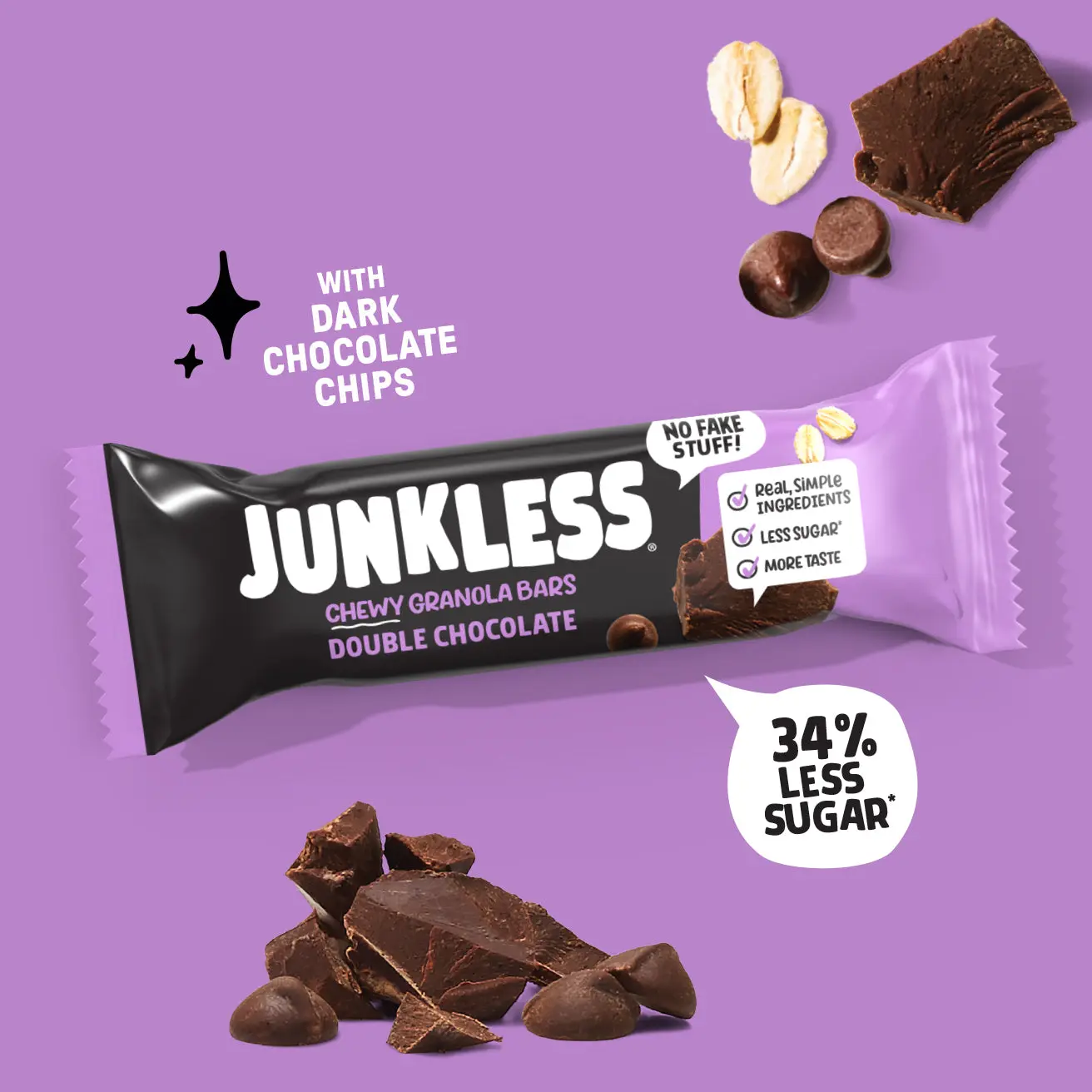 JUNKLESS Chewy Granola Bars Double Chocolate (12 ct) - Simple Ingredients Less Sugar Gluten Free No Fake Stuff