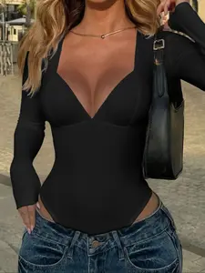 Women's Plain Fashion Casual Long Sleeve Slim Fit Bodysui, Fall Season Comfortable One-Piece, Stylish & Versatile Design Bodysuit