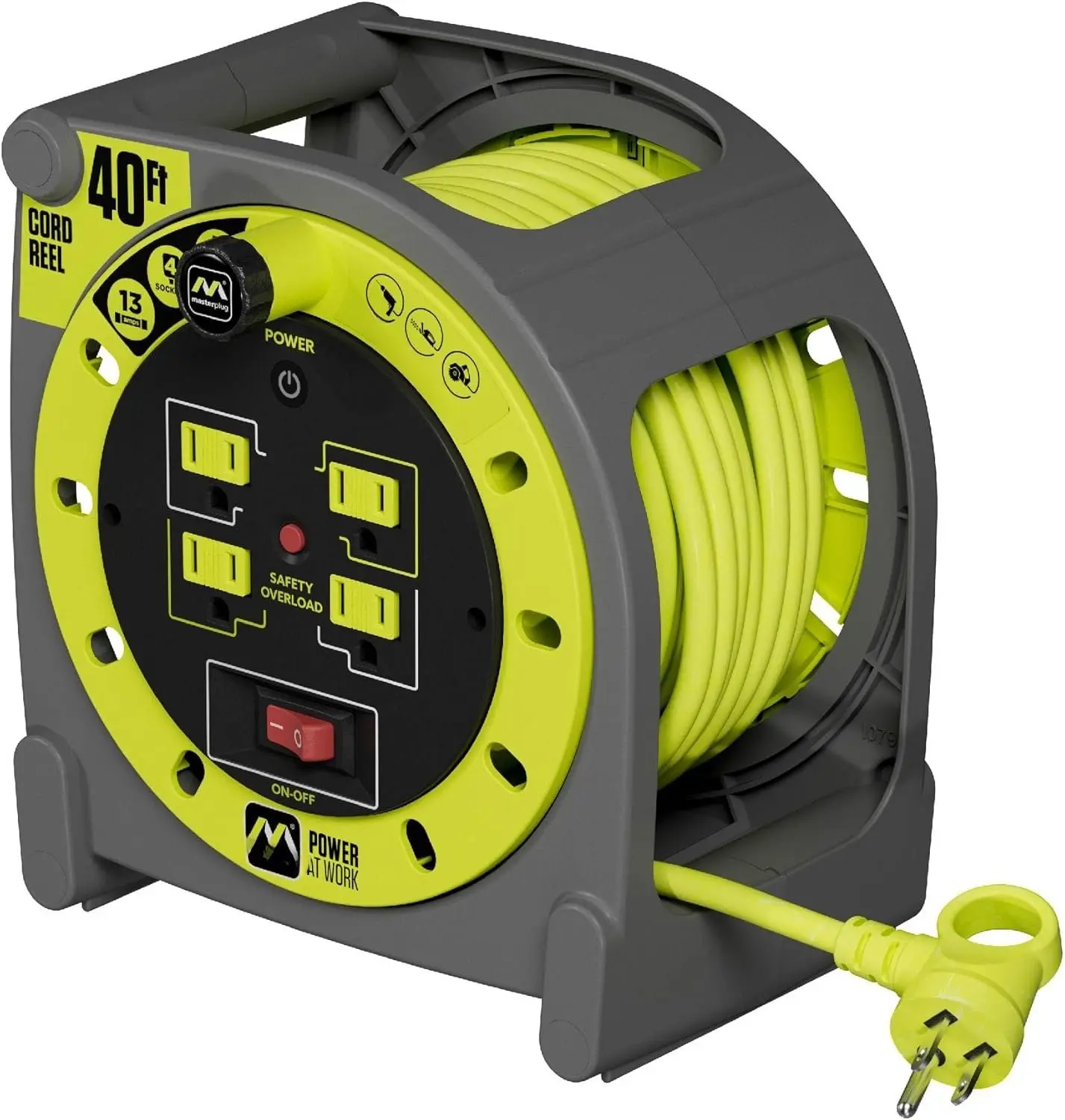 40ft Retractable Case Cord Reel - DIY & Household Portable Power Solution, 13amps 14AWG Electrical Extension Lead with Winding Handle, Overload Circuit Breaker, 4 Grounded Power Outlets, High Visibility for Safe Practice, Fast Tangle-Free Winding