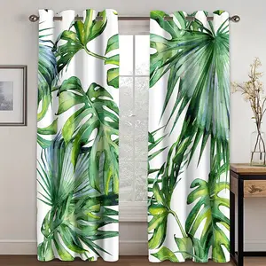 2pcs Palm Leaf Window Curtain Tropical Plant Leaves Drapes for Bedroom Living Room Kitchen Room Green White