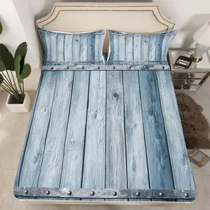 Rustic Barn Door Bed Sheet Set Wood Grain Texture Art Print Fitted Sheet Farm Farmhouse Decor Bedding Set Blue Bed Cover Deep Pocket Bedroom Bed Set