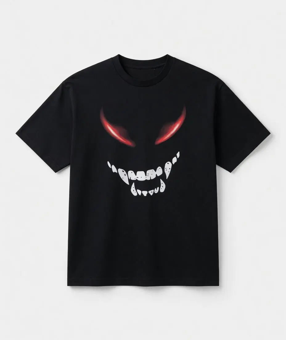 Creepy Glowing Red Eyes Sharp Teeth Demon Smile Graphic Tee Unisex 100% Cotton Oversized Black T-Shirt Dark Horror Streetwear