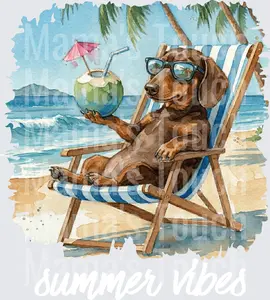 Dachshund Dog Relaxing in Beach Chair with Coconut Drink