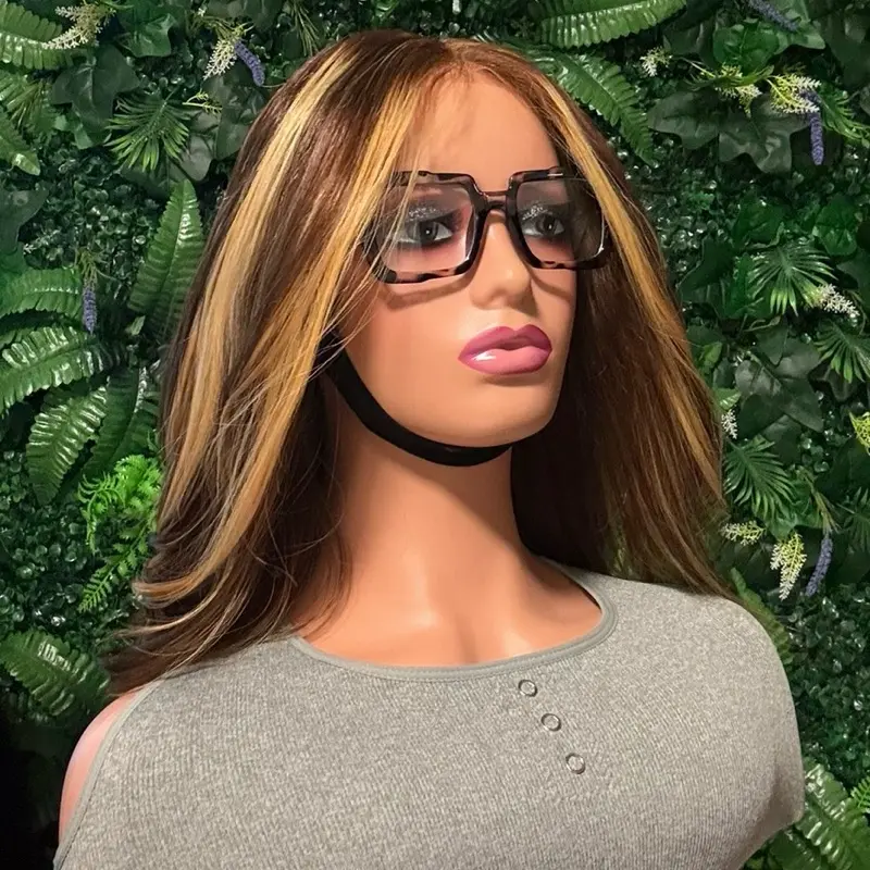 Sandra Hair Honey blonde Highlighted  Ombre Bob Straight Human Hair 14 inches 13x4 frontal lace with band Pre-Cut Synthetic 150  density  wig full black wig