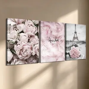 3 Pcs/Set Wooden-Framed Canvas Painting, Blush Pink Peony & Feather Triptych Canvas Wall Art, Paris Eiffel Tower Quote Print for Living Room, Bedroom, Office Decoration, Modern Home Decor, Fashion Artistic Ornaments, Artwork