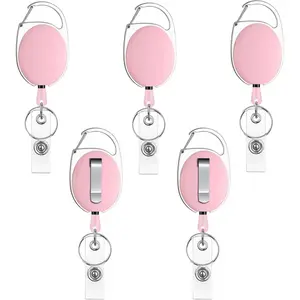 5 Pack Pink Retractable Badge Holders ID Carabiner Badge Reels Retractable Key Holders Keychains for Office Supplies ABS Casing 24-Inch Nylon Rope Carabiner Clip