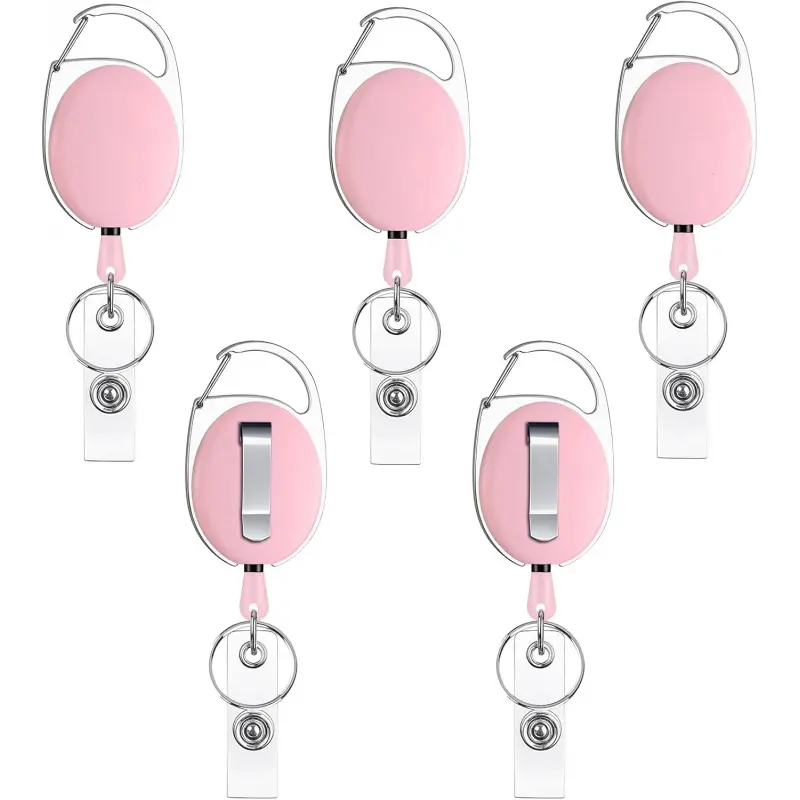 5 Pack Pink Retractable Badge Holders ID Carabiner Badge Reels Retractable Key Holders Keychains for Office Supplies ABS Casing 24-Inch Nylon Rope Carabiner Clip Name Tag Clip