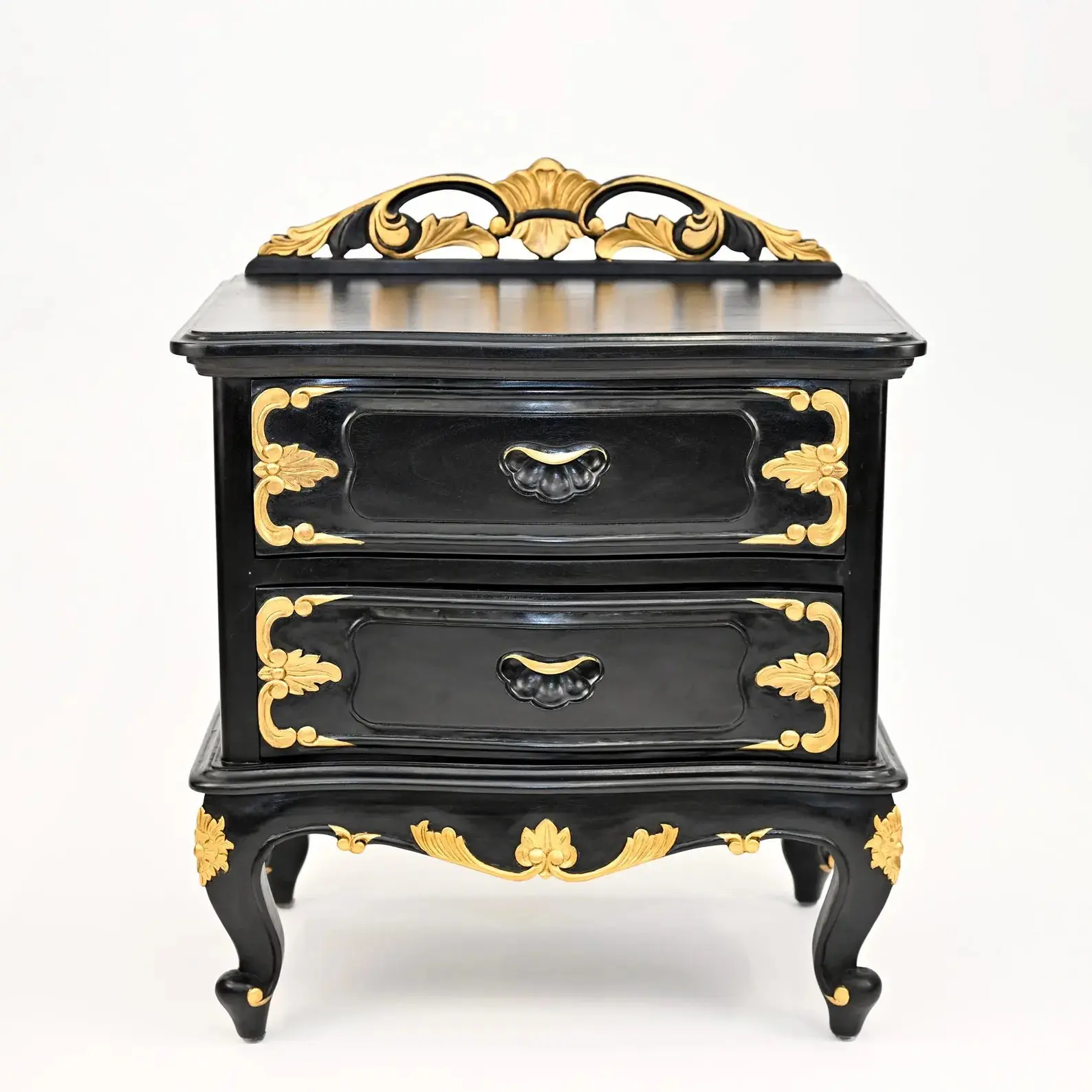 Black and Gold Baroque Nightstand | Ornate Handcrafted Bedside Table with Drawers | Rococo-Inspired Elegant Accent Furniture