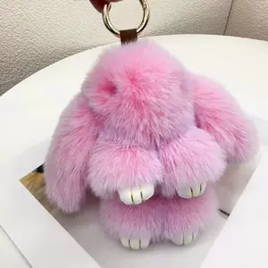 Soft Cutie Bunny Keychain Artificial Rabbit Fur Plush Fluffy Pom pom Key Ring for Women