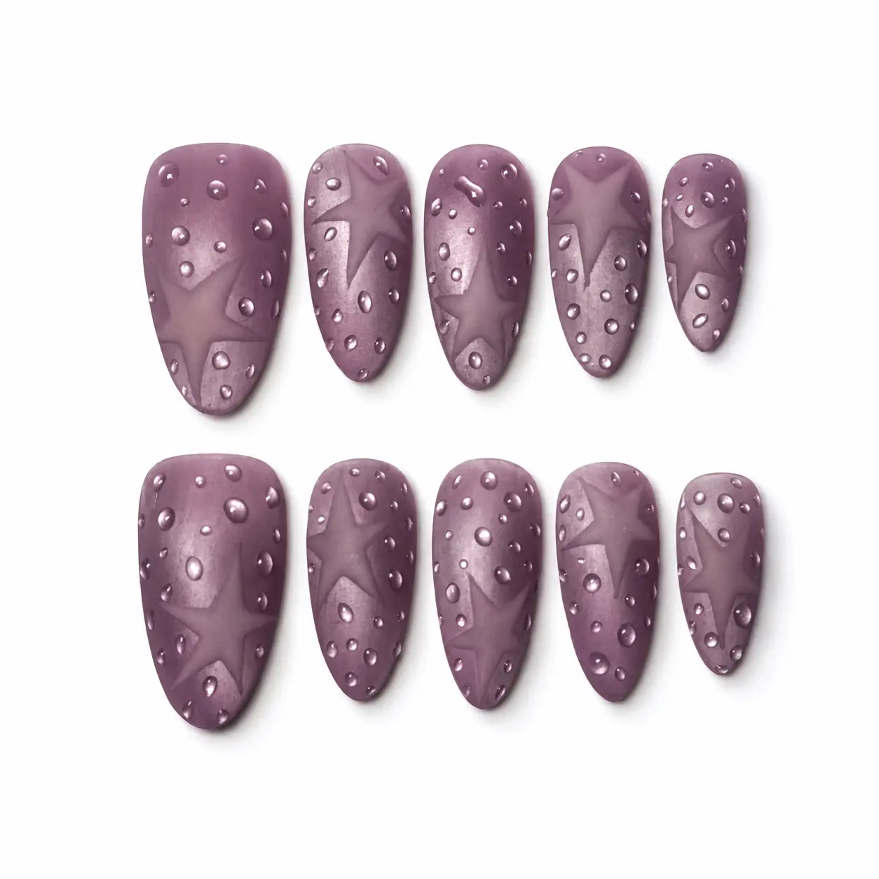 Lavender Matte Almond Press-On Nails, Handmade 3D Dew Drop Reusable Decorative Nail Art Accessories french
