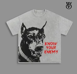 Know Your Enemy Graphic Tee – Vintage Washed Oversize Streetwear T-Shirt, Doberman Dog Print, Heavyweight Cotton Top, Edgy Punk Outfit for Men & Women Hip Hop Dog Graphic Tee