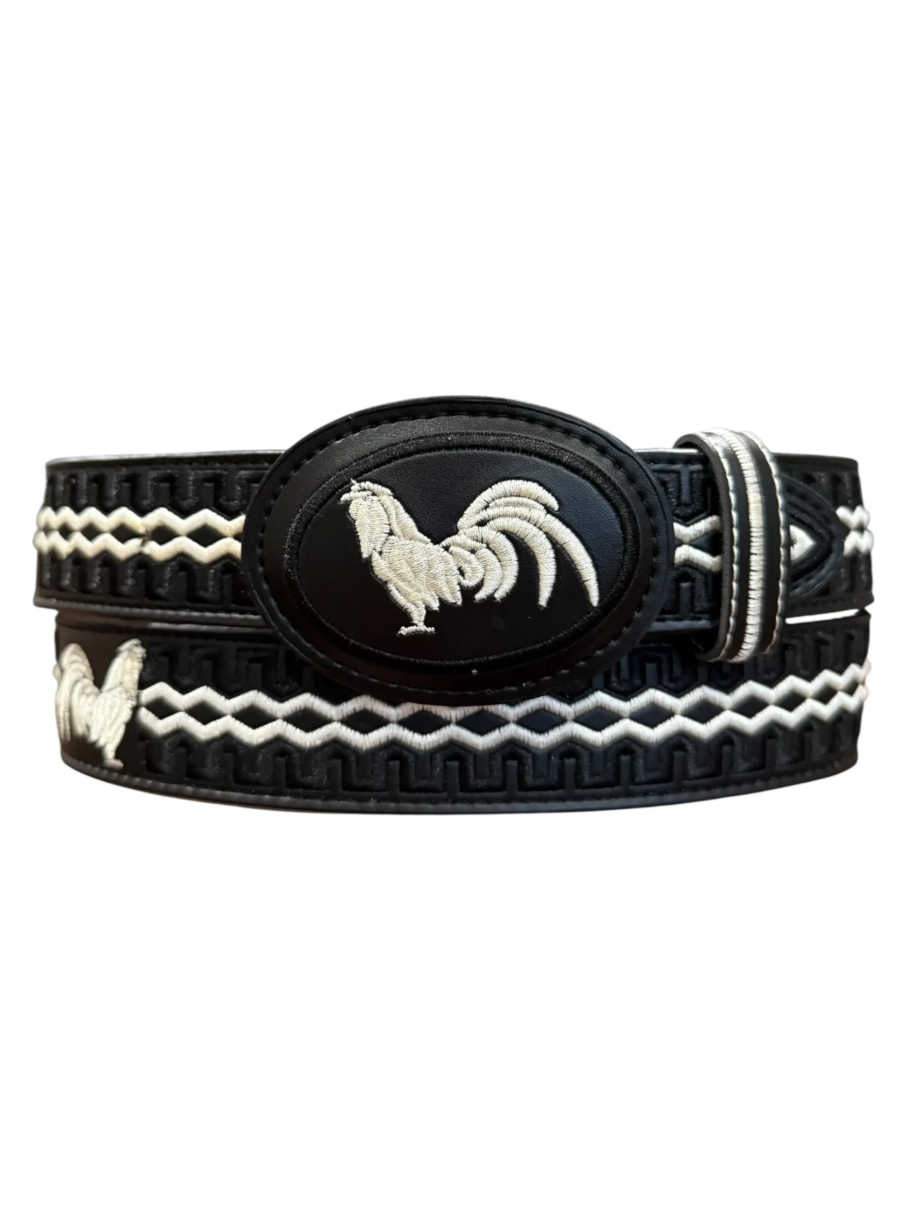 Black Western Style Embroidered Rooster Leather Belt Cinto Negro Vaquero Bordado con Gallo de Piel