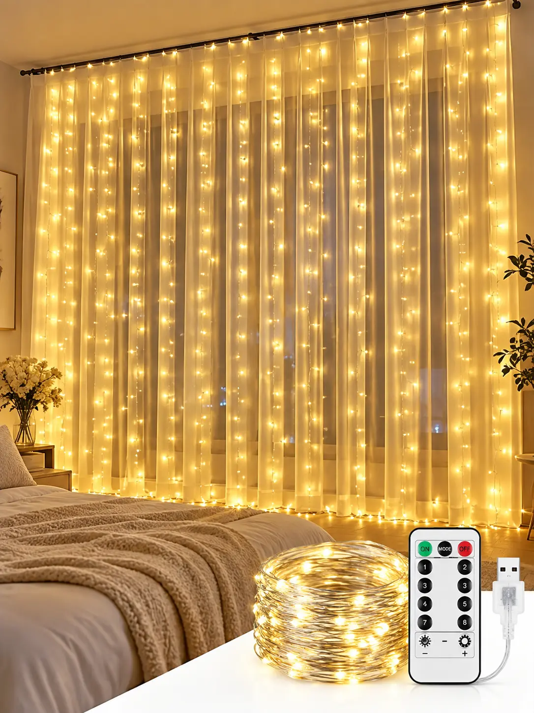 300 LED Romantic Curtain String Lights with Remote Control, Kiss Help,Sleep Help,Date Help,9.8FT x 8.9FT USB Powered Window Fairy Lights, 8 Lighting Modes for Bedroom, Wedding, Party, Christmas & Holiday Decor