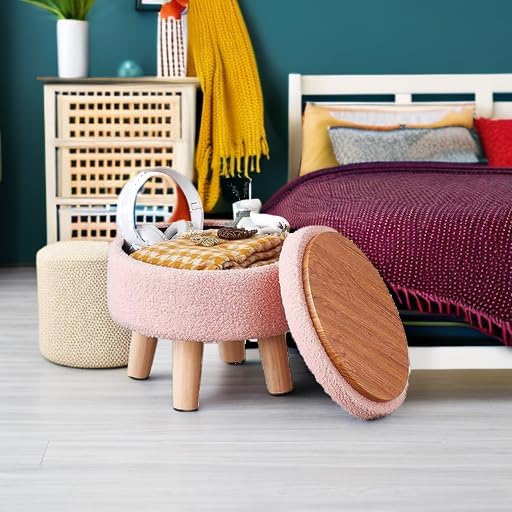 Ottoman Stool with Soft Teddy Velvet,Hidden Storage + Solid Wood Legs,Multi-Use Footstool,Seat for Small Spaces,HomeDecor,StorageHacks