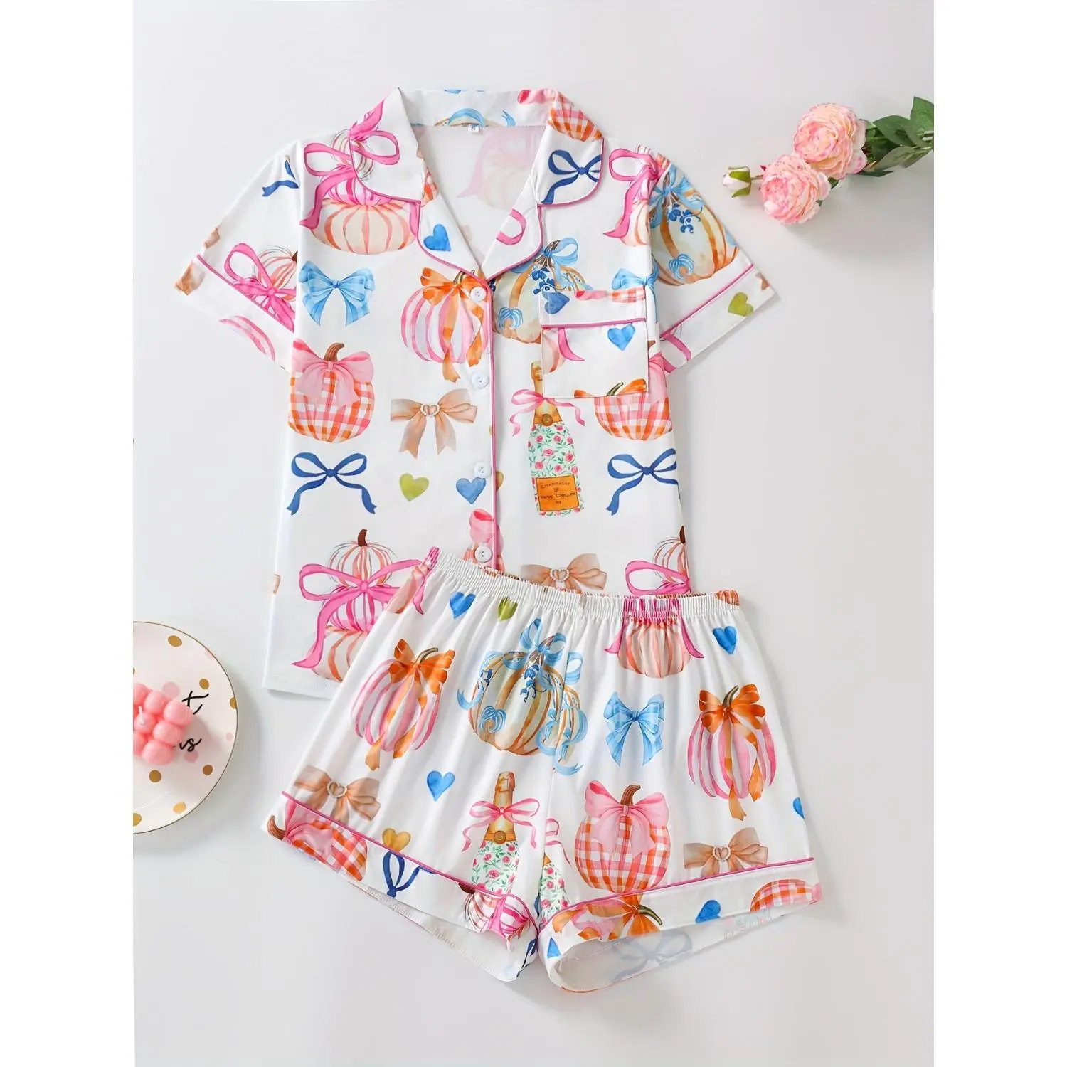 Elegant Women's Pajama Set - Pumpkin & Bow Design, Lapel Collar, Button-Down Short Sleeve Top with Loose Comfortable Shorts