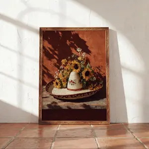 [sale off up to 40%] [Frame Canvas] Mexican Sombrero & Sunflowers Frame Canvas, Rustic Southwestern Folk Art Wall Decor, Fiesta Kitchen Art Print
