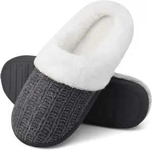 Women's Memory Foam Fuzzy Knit Wool-Like Lined Dark Blue Slippers for Indoor Outdoor Use Home Footwear Home Shoes