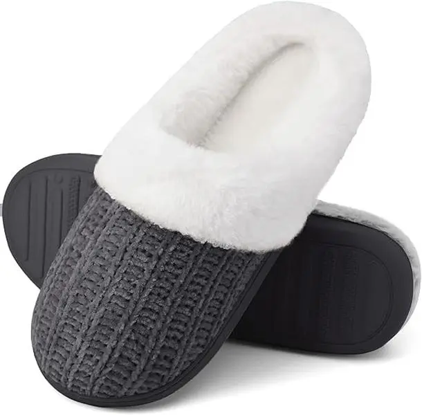 Women's Dark Blue Fuzzy Knit, Wool-Like Lined, Memory Foam Thick Sole Slide Slippers - Anti-Skid Grip, Flat Sole, Plush Fleece Shoe for Indoor/Outdoor Home Use Home Footwear Home Shoes