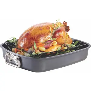 Turkey Roasting Pan with V Rack, 17 Inch Deep Roasting Pan, Deep Lasagna Pan for BBQ Vegetbale and Meat 14.1" x 17.1" x 3.3" (Black)