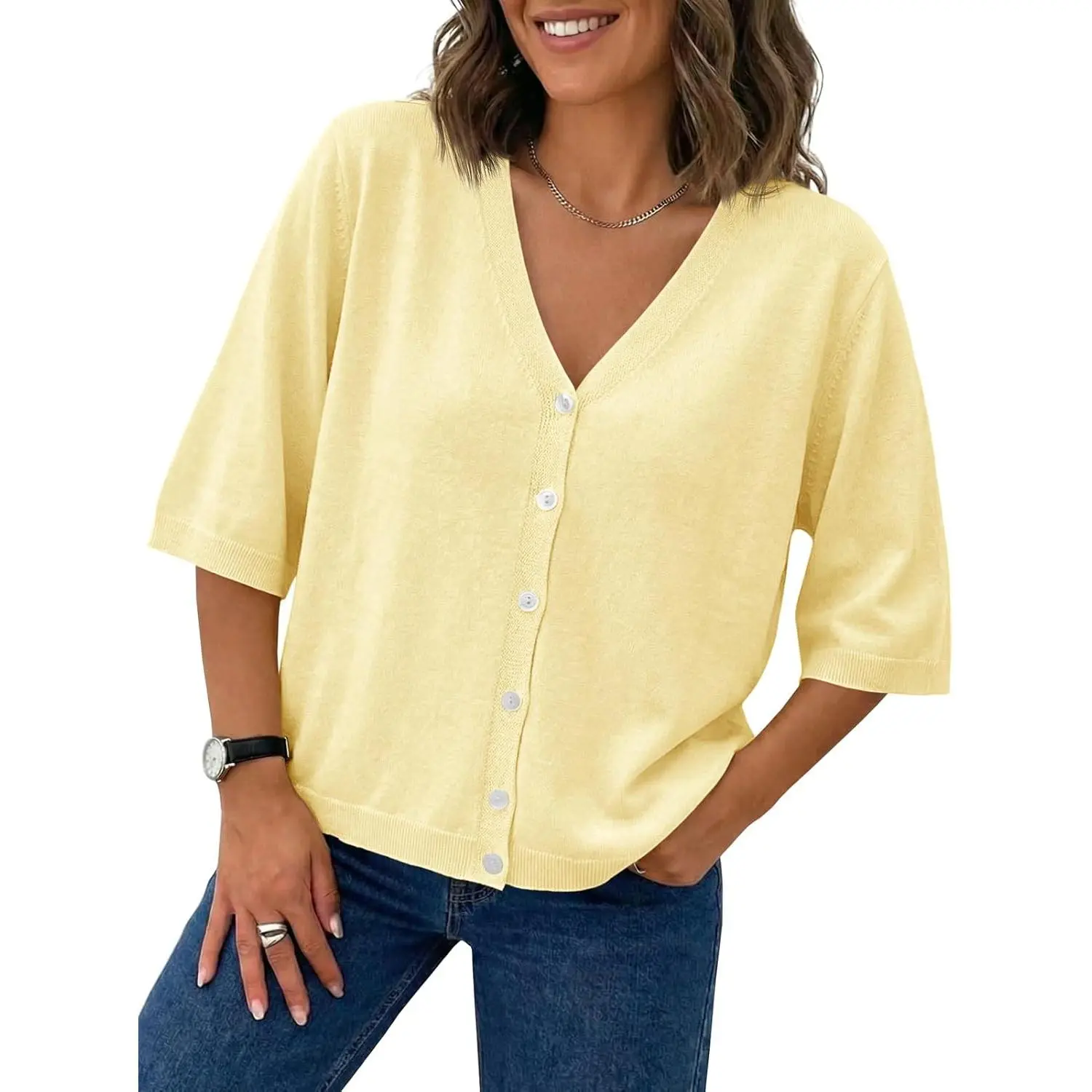 Saodimallsu Women's Short Sleeve Cardigan, Lightweight V-Neck Button-Down Casual Knitwear Sweater Top for Summer, Cardigan For Women,back to school,back to school shopping sohochic