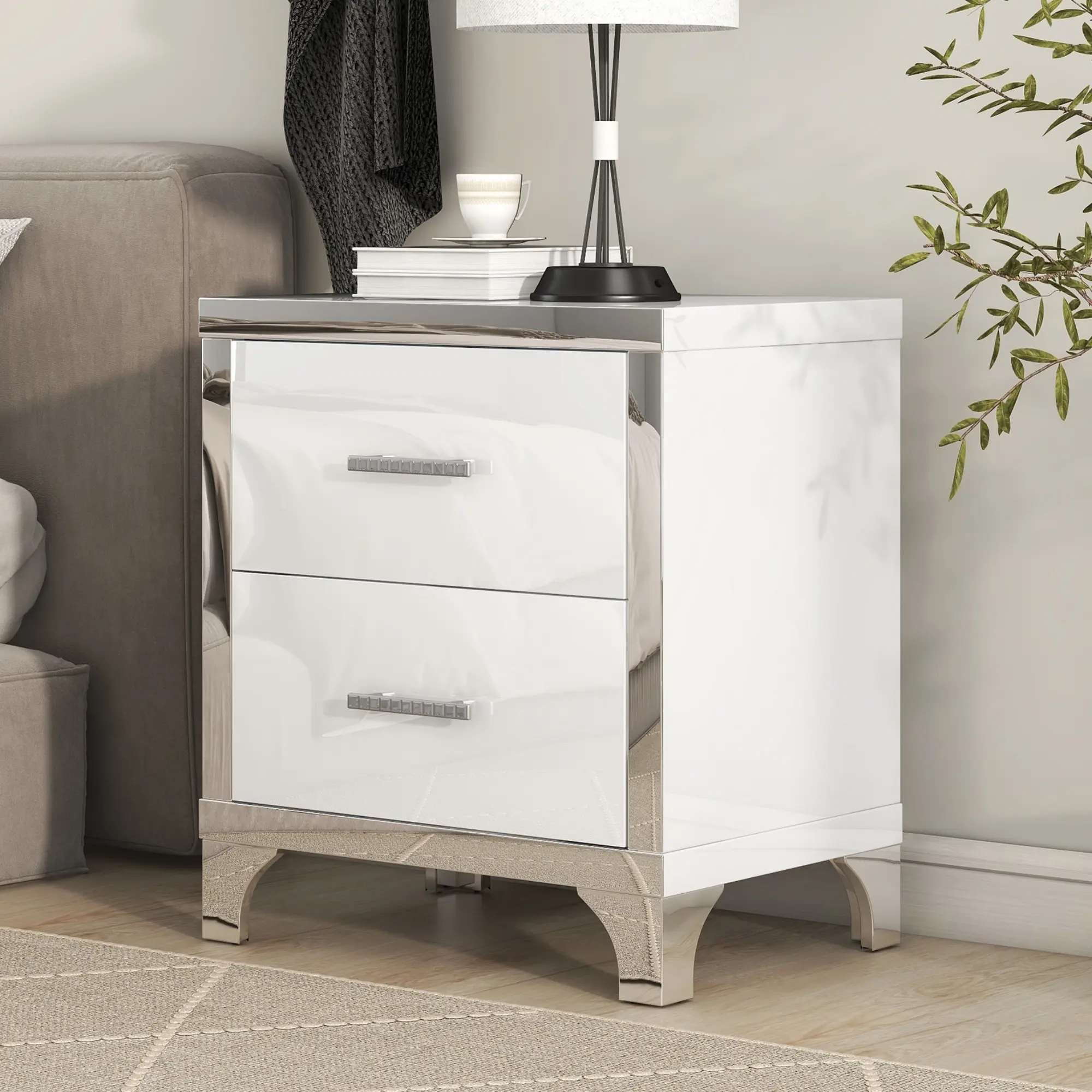 White Elegant High-Gloss 2-Drawer Nightstand with Metal Handle - Modern Wood Table, Bedroom Bedside Indoor Furniture Accent Table, Nightstand With Drawers, Drawer Equipped Nightstands