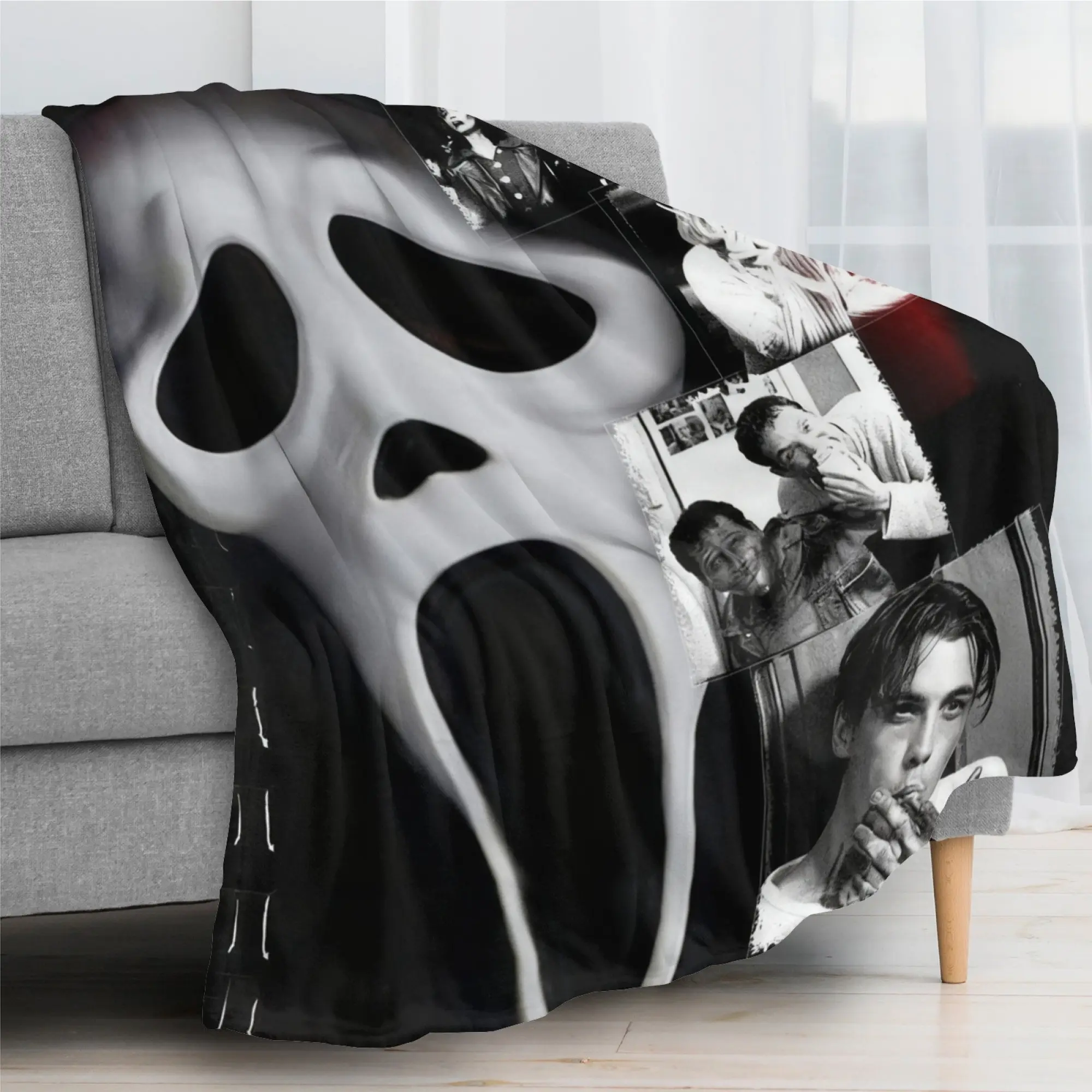 "Scream Ghostface Collage Flannel Blanket,with iconic Ghostface mask and classic 'Scream' scenes,Soft and stylish