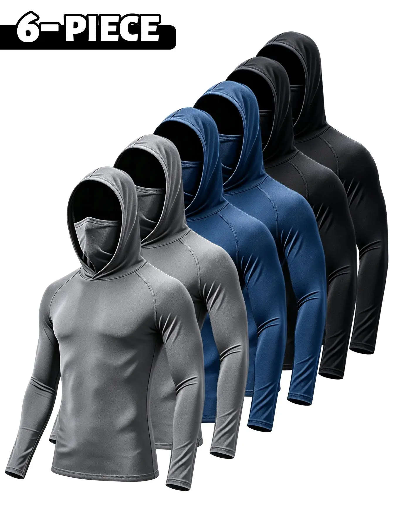 Men's 3-Pack Slim-Fit Athletic Long Sleeve Hoodie T-Shirts - Polyester Blend, 4-Way Stretch, Full Coverage Face Masks, UPF 50+, Quick-Dry, Thumb Holes, Invisible Cuffs, Breathable, Tight Fitted, Sweat Protection for Workouts, Sweat Protection Men's Long-S