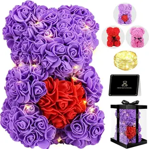 Artificial Roses Flowers Bear Birthday Gifts for Women,10'' Mothers Day Rose Bear Gifts for Mom Wife Grandma in Clear Gift Box with Led Light & Card,Women Mom Gifts for Mothers Day Christmas