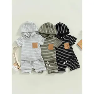 Baby Toddler Boys Summer Outfits6 12 18 24 Months 2T 3T Stripes Short Sleeve Hooded Sweatshirt and Casual Elastic Drawstring Shorts Clothes Set