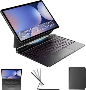 HOU Keyboard for Samsung Galaxy Tab S10+ Plus/S9+ Plus/S9 FE+ Plus/S8+ Plus/S7+ Plus/S7 FE 12.4" with Magnetic Case,Floating Cantilever,Multi-Function Trackpad,7 Colors Backlit,S Pen Holder,Black