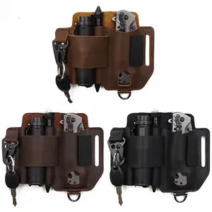 EDC Tactical Tool Pouch Leather Outdoor Self Defense Flashlight Knife Storage Bag for Camping Hiking