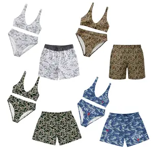 Casual Duck Camo Matching Couple Swimwear Set, Women’s Casual Bikini + Men’s Beach MESH Shorts, Hunting Camo Casual Bikini Set Summer Vacation Outfits for Him Her