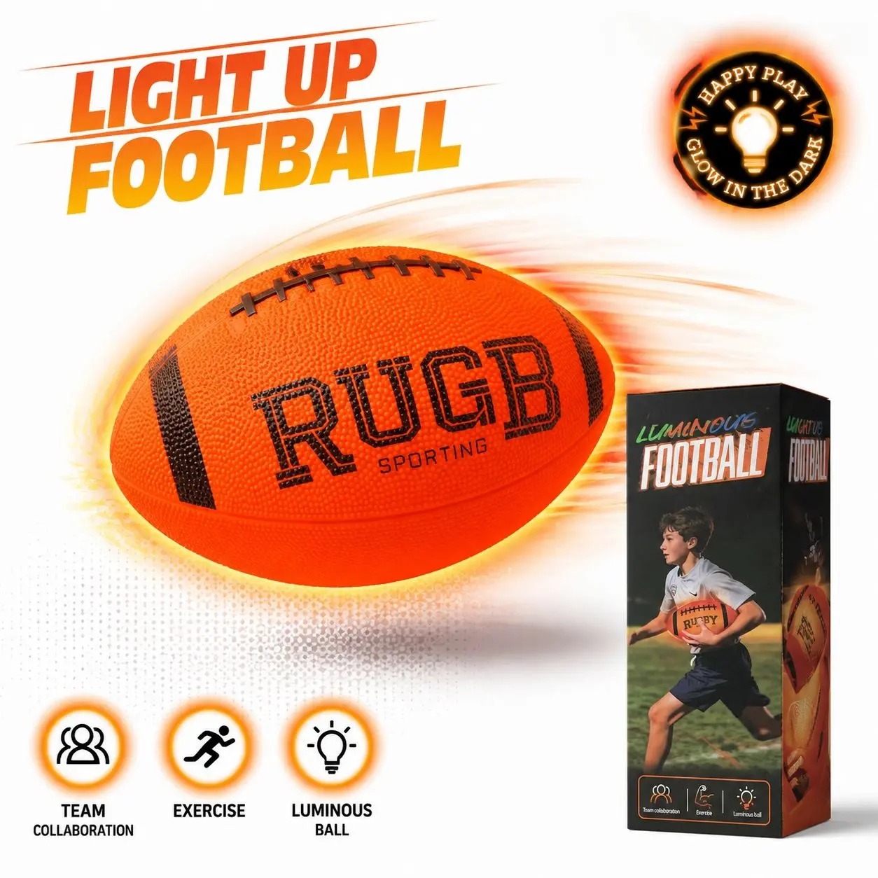 Rechargeable LED Light Up Football Ball, Glow in The Dark Rugby Ball, Includes Air Pump & Premium Gift Box, Inflatable Sports Ball for Outdoor Backyard Night Games, Gift for Teens Boys Girls