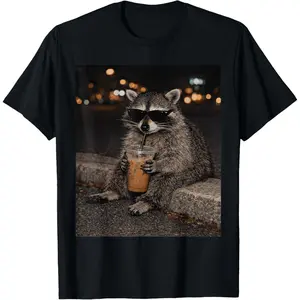 Raccoon Drinking Iced Coffee Funny Animal Meme Retro Graphic T-Shirt