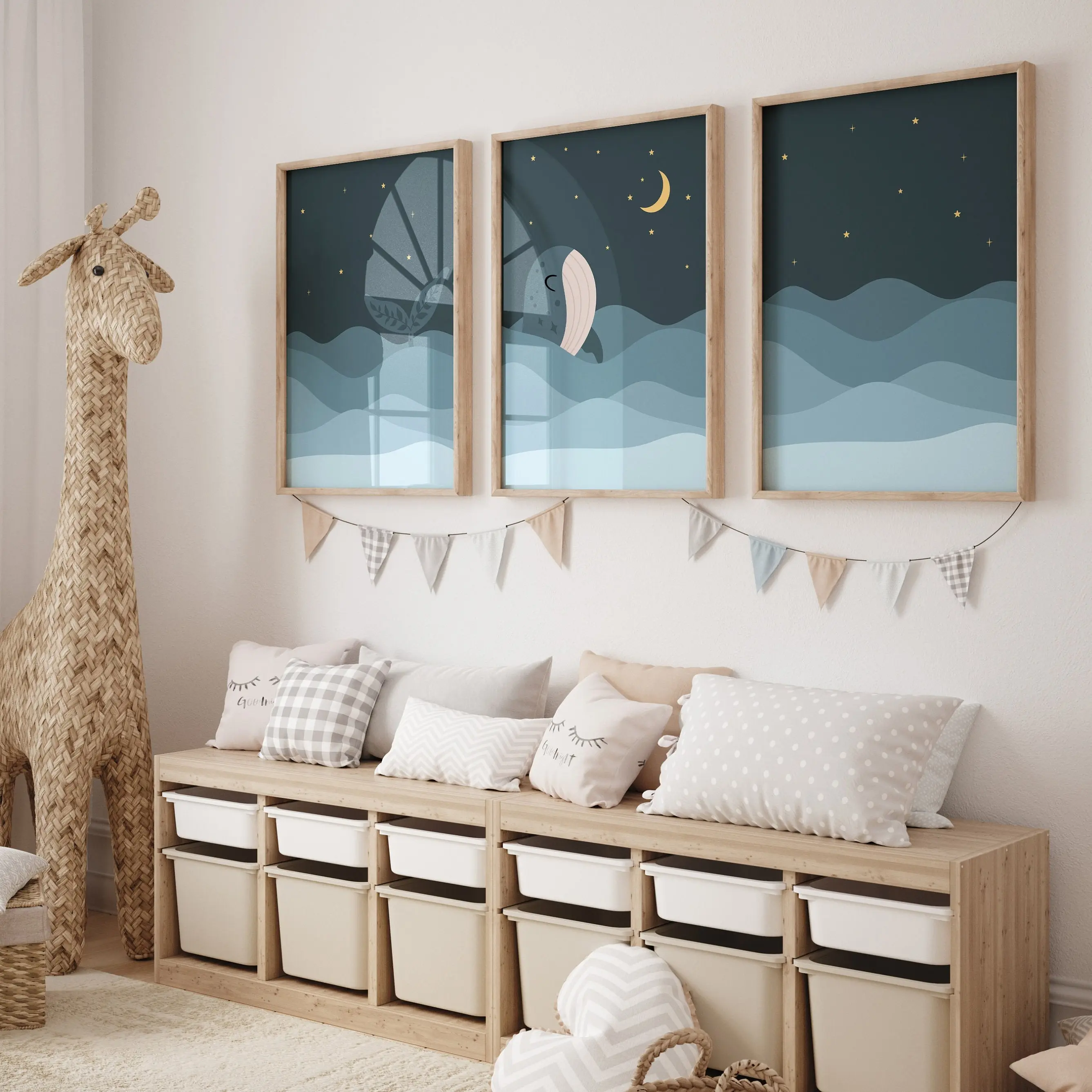 Ocean Nursery Wall Art Set of 3, Whale Poster Collection, Nautical Nursery Decor, Baby Boy Room Prints, Coastal Ocean Theme Wall Decoration