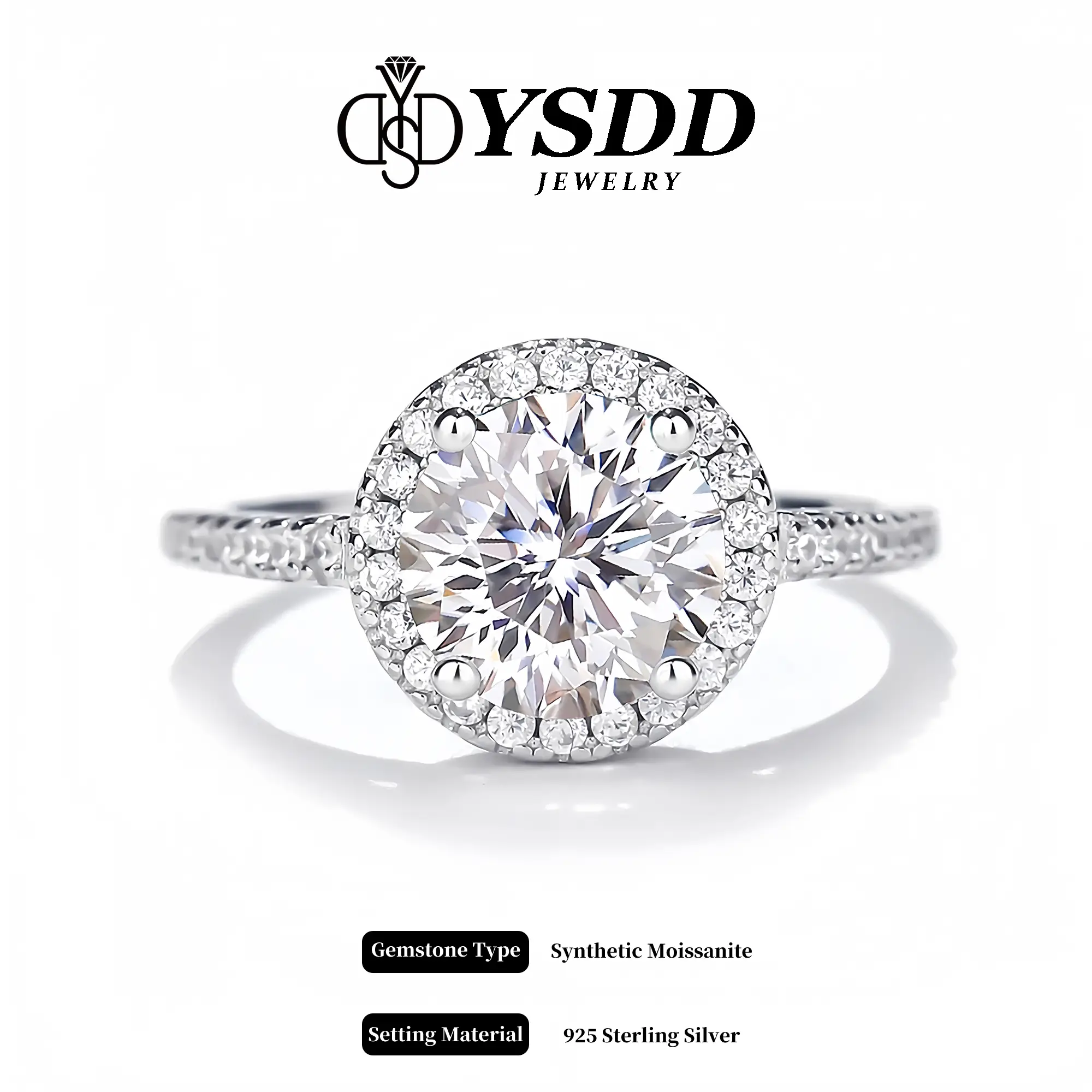 【#14 Classic】Round Halo Synthetic Moissanite Ring in 925 Sterling Silver for Women 0.5-2carat D Color VVS1 Clarity Synthetic Moissanite Size 4.75-9 gi