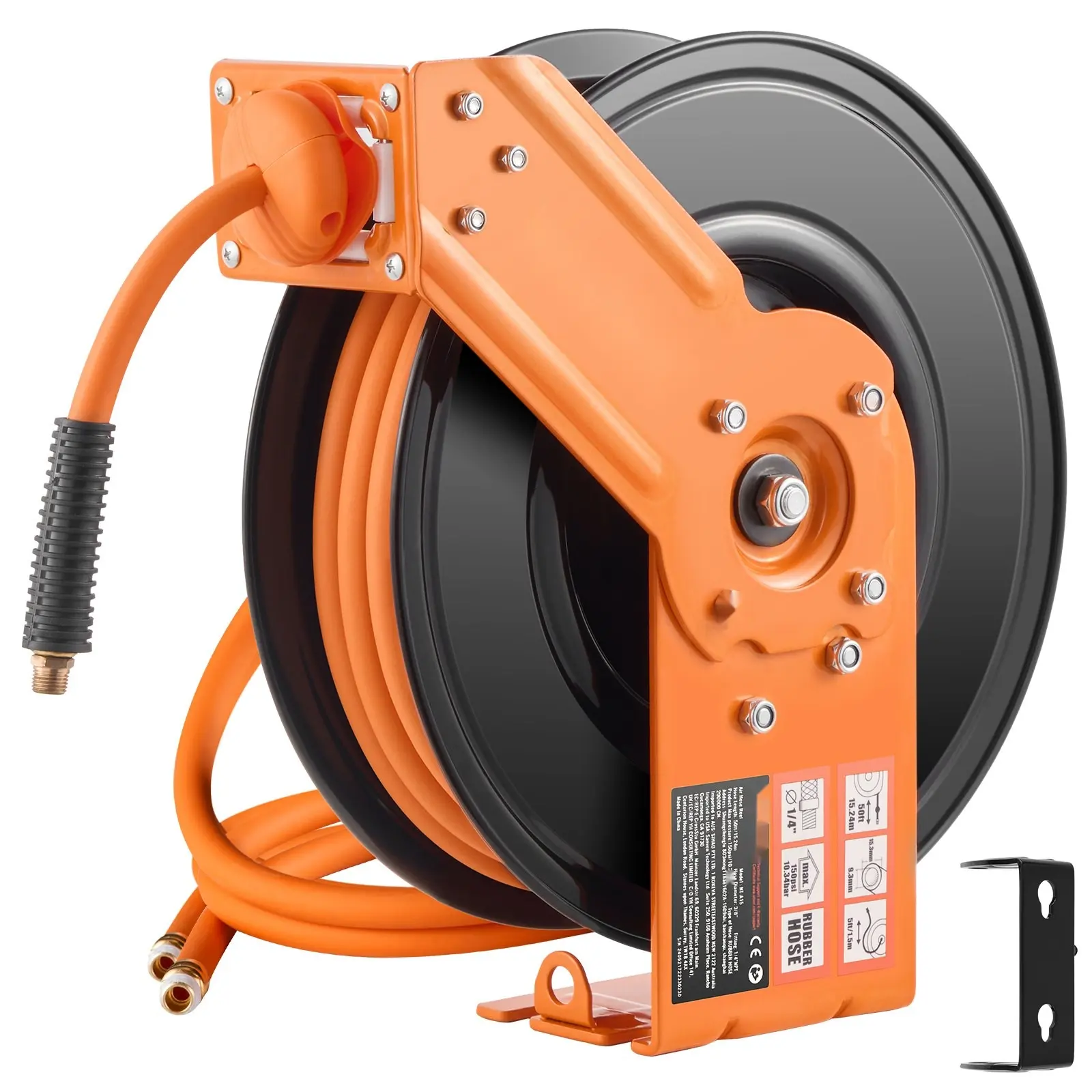 Retractable 3/8 Inch Air Hose Reel, 50 Ft Rubber Air Hose Reel, Max 300 PSI, Heavy Duty Industrial Grade, Auto Lock Rewind, Durable Wall Mount, For Air Compressors, Workshops, and Garage Tools For Home Garages