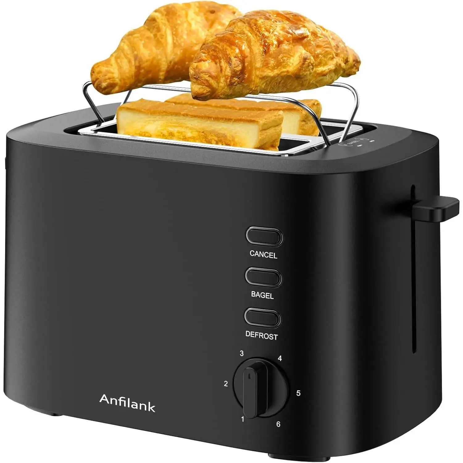 Matte Black 2-Slice Toaster for Daily Family Use, 1.5 in Extra Wide Slots, Compact Design, Built-in Warming Rack, Removable Crumb Tray, 6 Browning Options, Defrost, Bagel & Cancel Functions