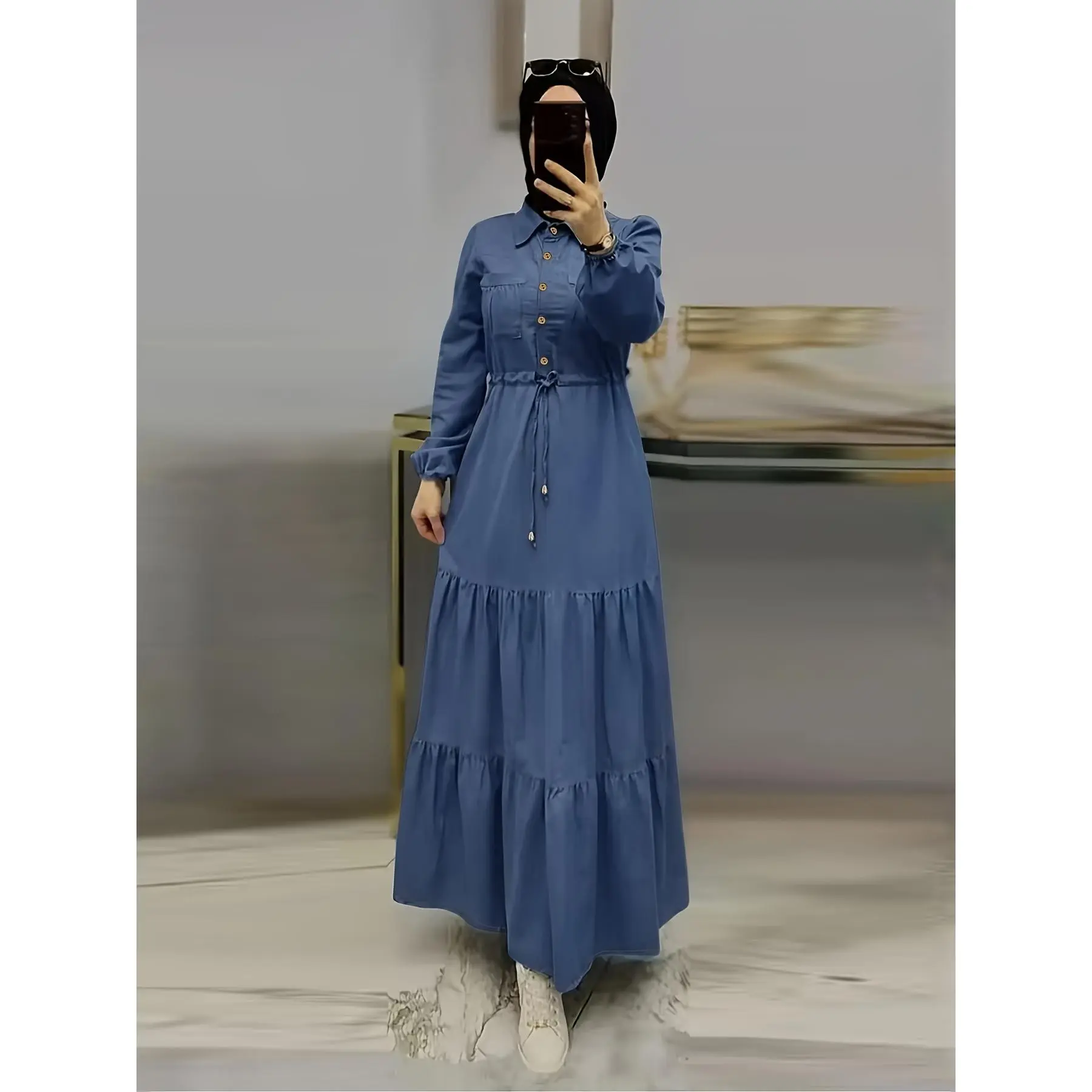 Women's Casual Collared Neck Ramadan Abaya Dress - Long Sleeve, 95% Polyester Knit Blend, Plain, Drawstring Waist, Buttons Details, All Seasons, Machine Washable, Dry Clean Option, Xxl