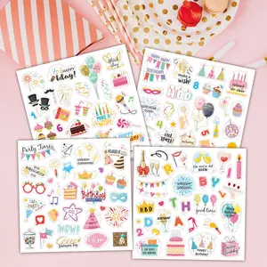 Happy Birthday Stickers Set of 4, German & English Cartoon Style, Cake Party Decoration Scrapbook, New Arrival