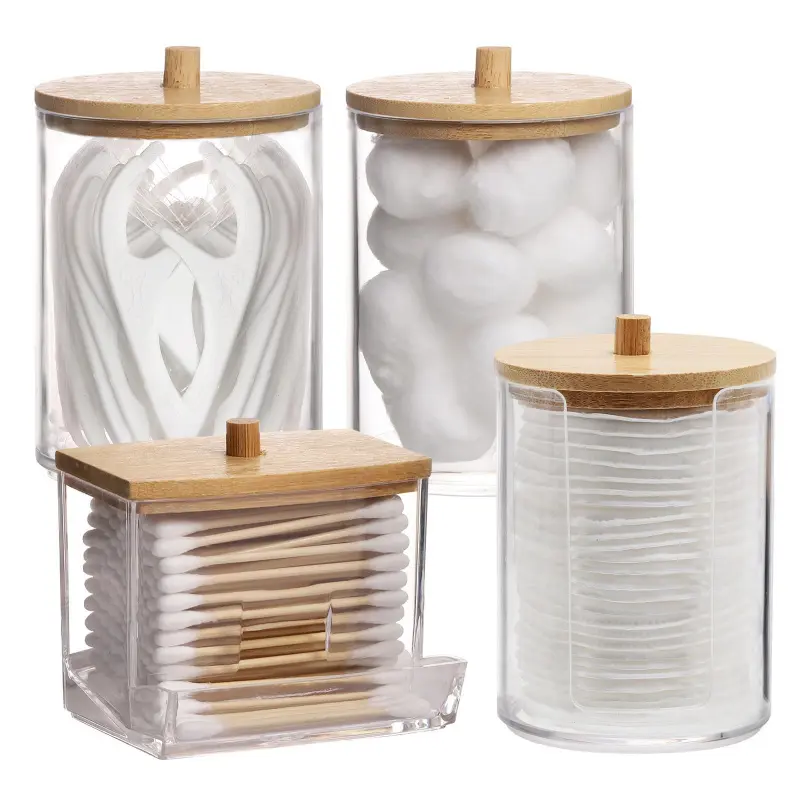 PLL Clear Storage Box with Lid, 4 Counts Bathroom Container Storage Box for Cotton Ball & Swab & Pad, Apothecary Jar for Organizer and Storage