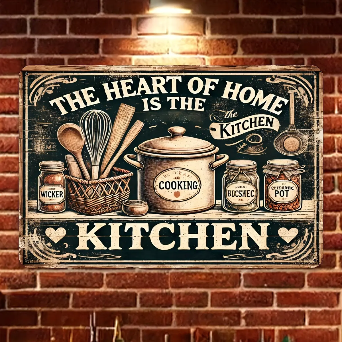 1pc Vintage Kitchen Wall Art Sign "The Heart of Home is The Kitchen" - 8x12 Inch Rustic Aluminum Metal Decor with Cooking Utensils & Spice Jar Illustrations - No Electricity Needed, Easy Mounting for Home, Cafe, Dining Room, Kitchen Decor A