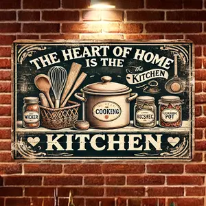 1pc Vintage Kitchen Wall Art Sign "The Heart of Home is The Kitchen" - 8x12 Inch Rustic Aluminum Metal Decor with Cooking Utensils & Spice Jar Illustrations - No Electricity Needed, Easy Mounting for Home, Cafe, Dining Room, Kitchen Decor A